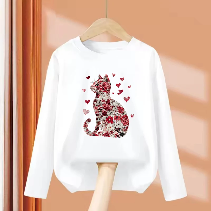kawaii Long Sleeve Funny T Shirts Love Heart with Cat Kids Children's T-shirt for Boys Girls Summer Spring Casual Top Tee