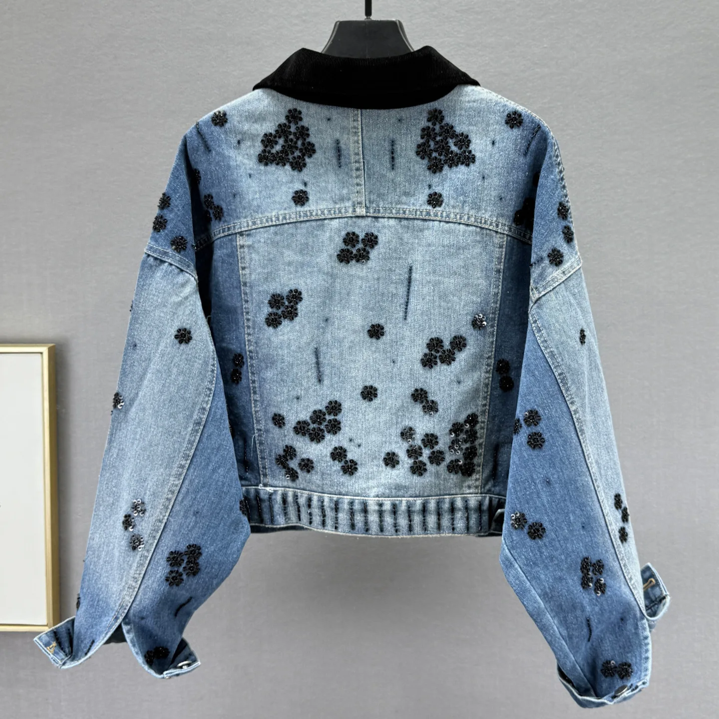Women Denim Jacket Vintage Washed Diamonds Patchwork Coat Distressed Single Breasted Turn Down Collar Outerwear Streetwear
