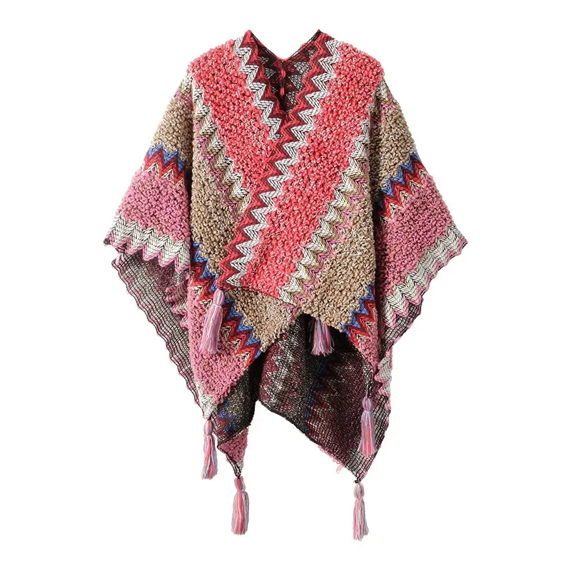 Ethnic Poncho for Women Soft Knitted Stripe Tassel Cardigan Shawl Coat Overlays Rosita Cape Shawl  Cloak Cardigan Women