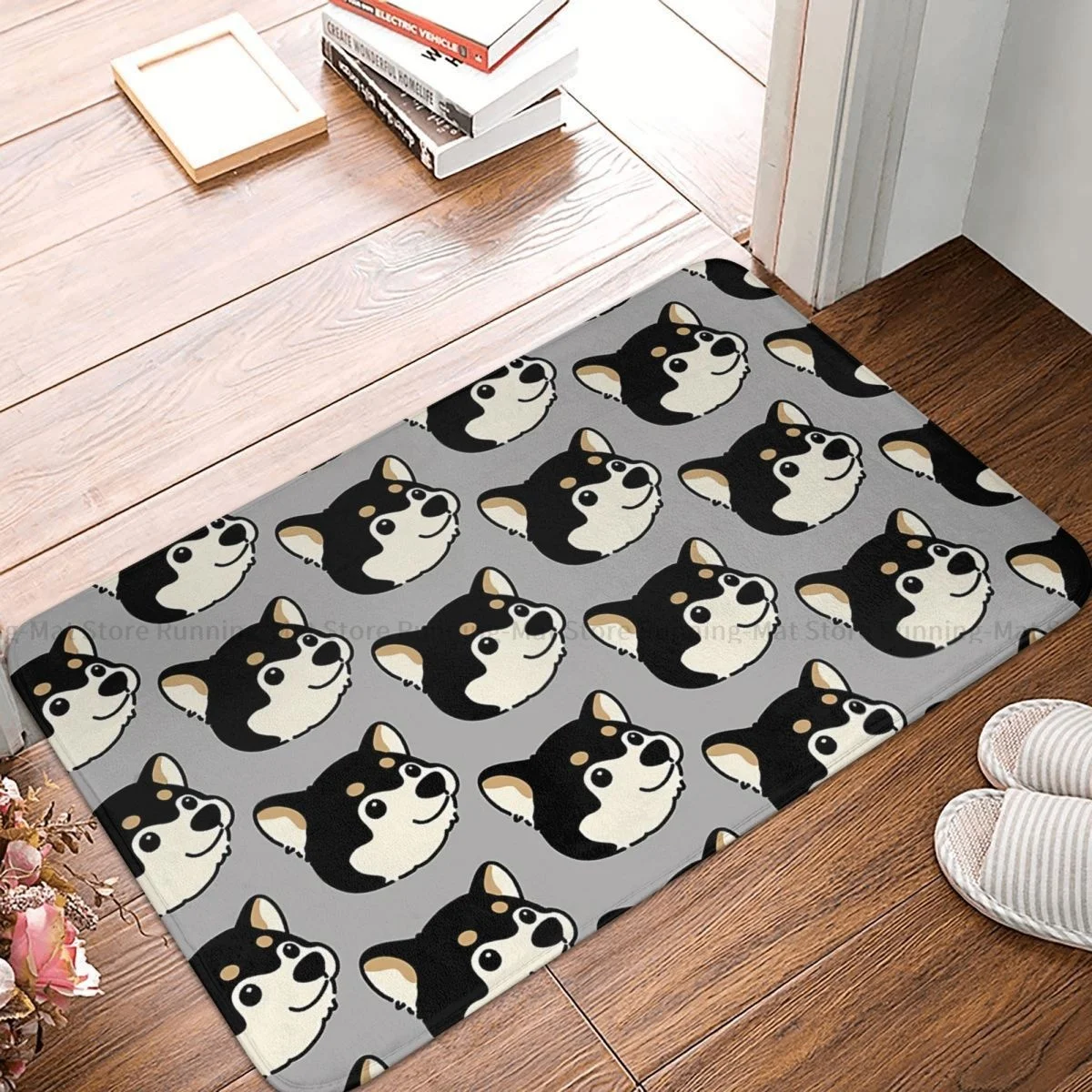 Cartoon Style Non-slip Doormat Cute Black Shiba Inu Head Bath Bedroom Mat Prayer Carpet Indoor Modern Decor