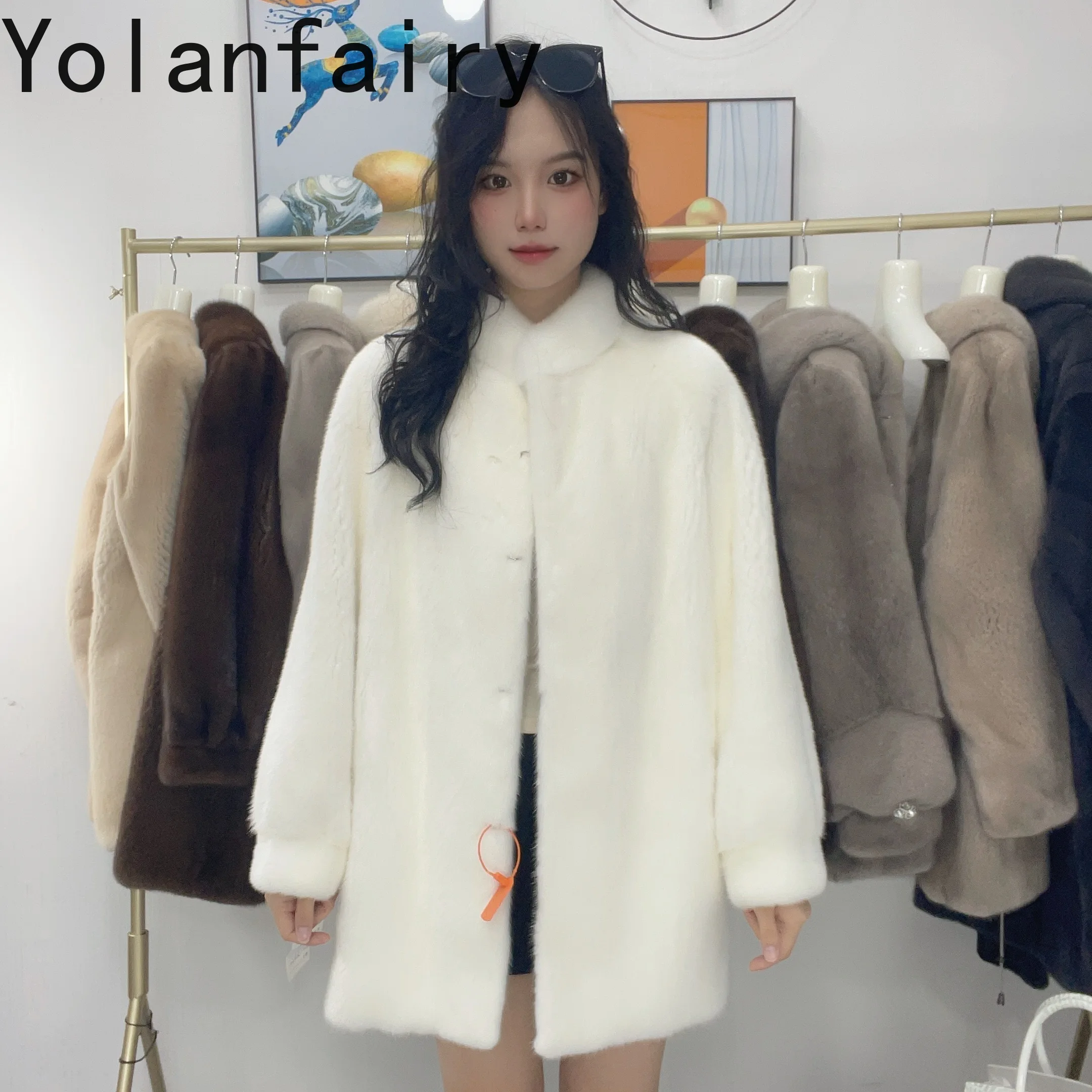 YOLANFAIRY الفاخرة الشتاء معطف الفرو الطبيعي امرأة كاملة فرو المنك سترة المرأة منتصف طول أنيقة الدافئة فرو المنك معاطف الوقوف طوق