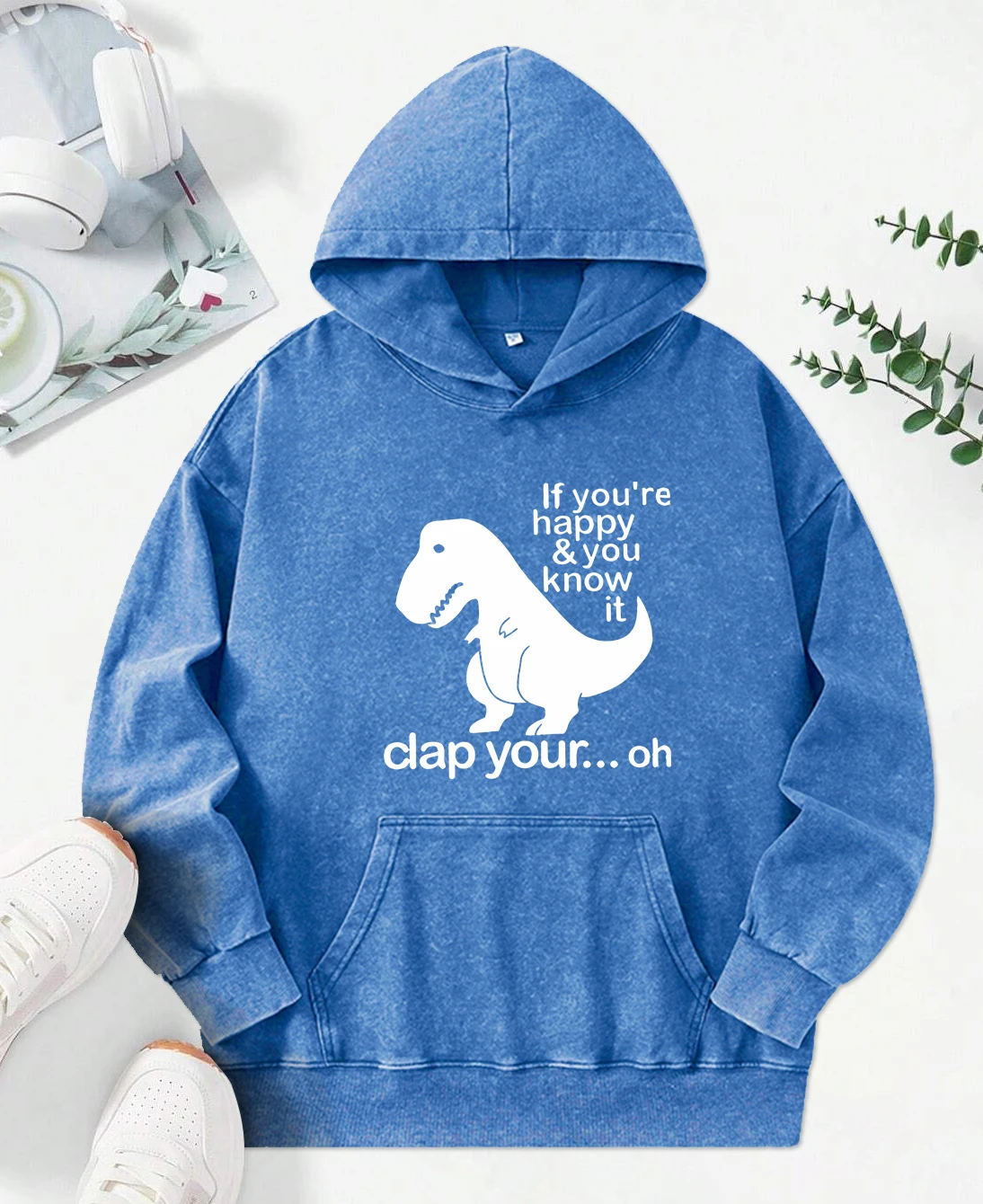If You'Re Happy You Know It Dinosaur Print Washed Hoodies Loose Streetwear All-Match Cotton Hoody Autumn Casual Women Pullover