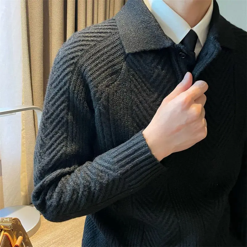 Japanese Style Vintage Autumn Winter New Sweaters Men\'s Lapel Button Jacquard Weave Fashion Long Sleeve Pullovers Knitted Tops