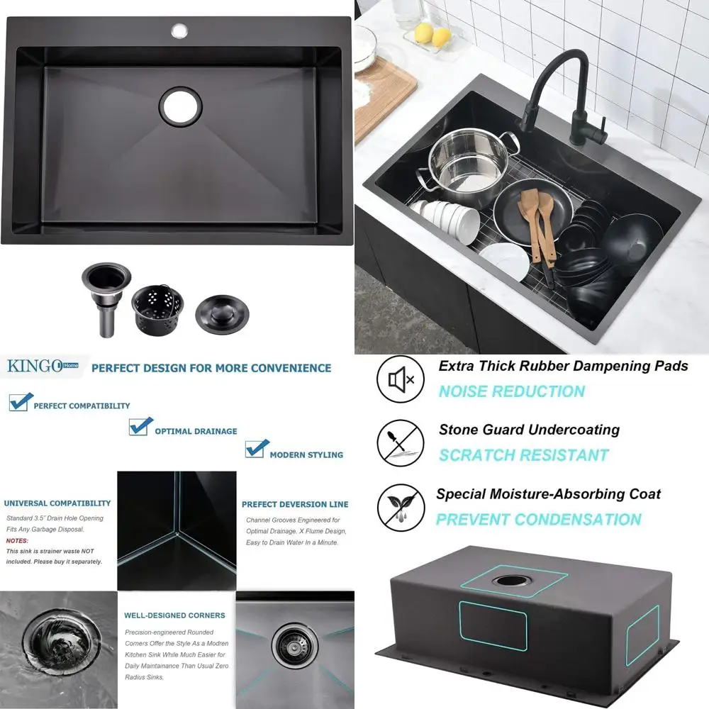 

28 Inch Black Drop-In Single Bowl Stainless Steel Kitchen Sink, 18 Inch Wide Basin, Gunmetal Finish, Top Mount Installation, Dur