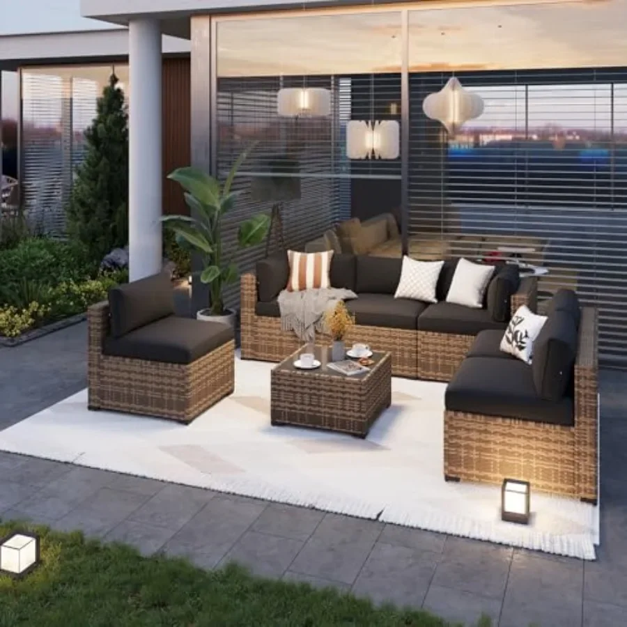 Patio Furniture Sets: 7-Piece Outdoor Wicker Conversation Set with Thick Cushions, Beige Gray, Weather-Resistant for Backyard,