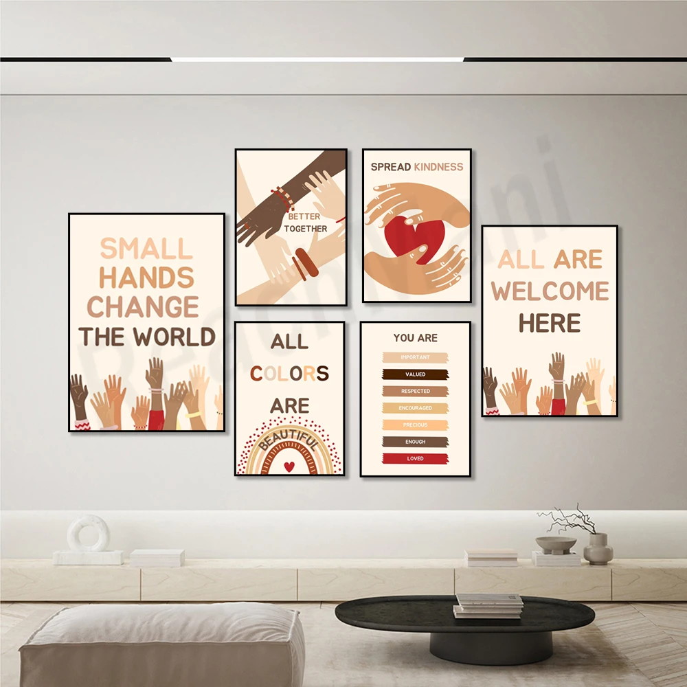 All are welcome, classroom decorations, diversity art, printable posters for elementary school students, motivational quotes.
