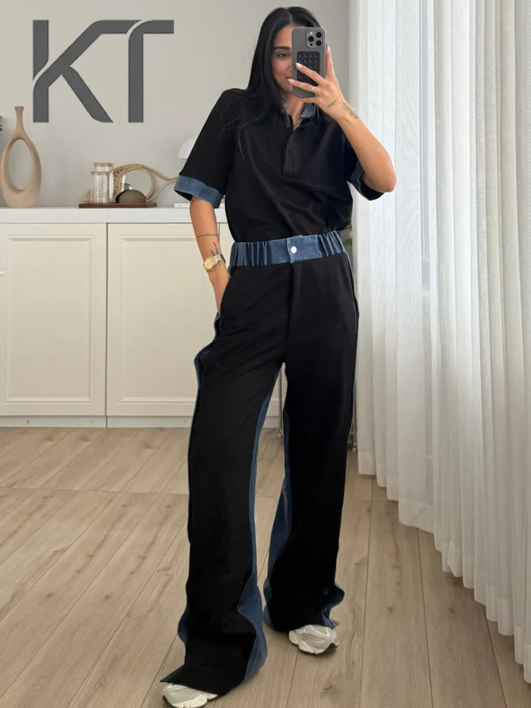 

Новинка 2026: Женский комплект из двух предметов в стиле пэчворк – рубашка поло и джинсы с высокой талией, широкими штанинами и боковыми пуговицами.