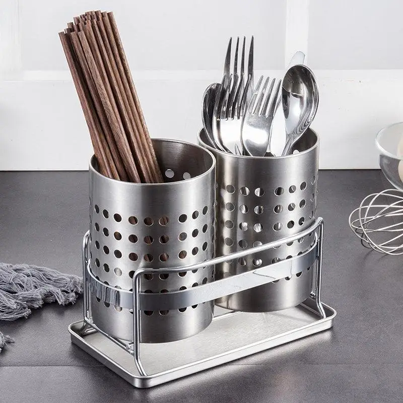 Stainless Steel Double Chopsticks Holder with Tray Kitchen Dining Utensils Draining Rack Integrated Knife Rack Home Use