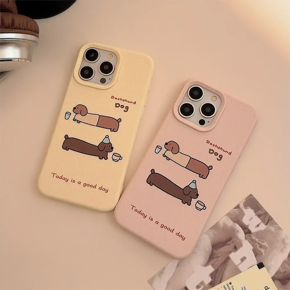 Funny Dachshund puppy drink water dog Pink Phone Case For iPhone 16 15 14 13 12 Pro Max Case Cute Cartoon shockproof Soft Cover