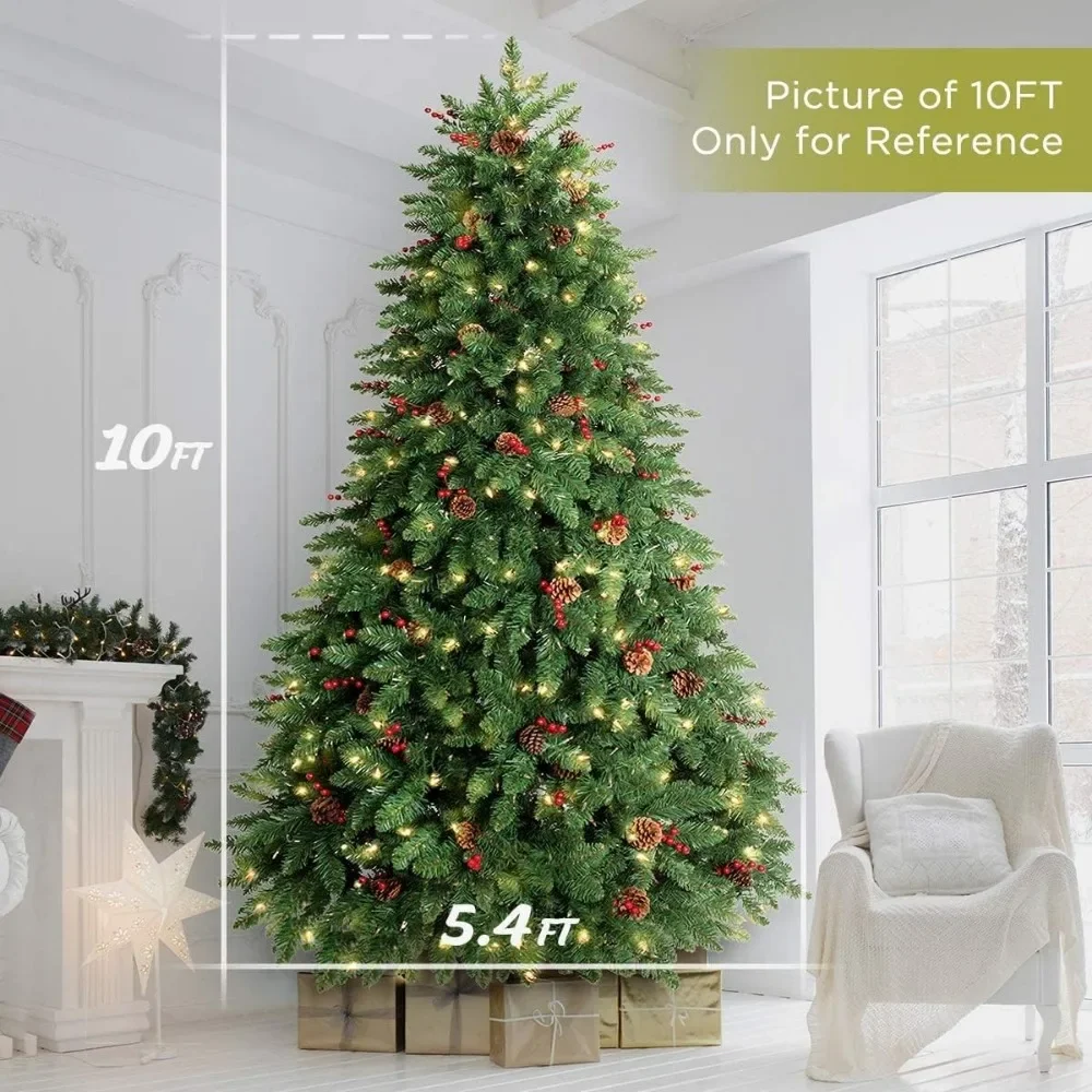 10 Foot Pre Installed Illuminated Christmas Tree Height, Artificial Christmas Tree Pre Decorated with Pine Cones and Berries