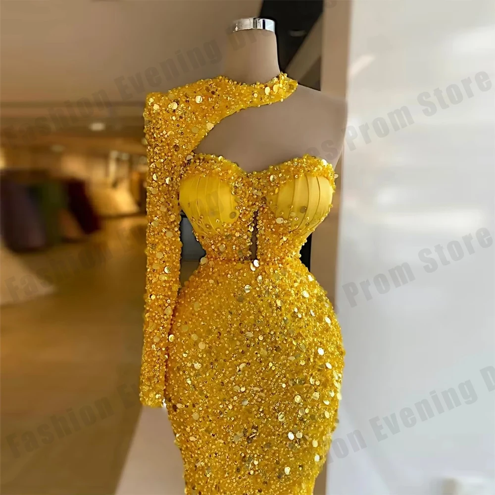 2026 Gold Damen Abendkleider Meerjungfrau One Shoulder Sleeve Prinzessin Ballkleid Formal Cocktail Prom Party Maßgeschneiderte Roben De