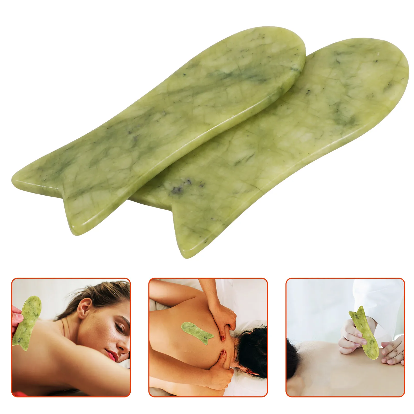 2Pcs Natural Jade Gua Sha Scraping Plate Facial Back Massager Fish Shape Promote Blood Circulation Muscle Relaxation Spa