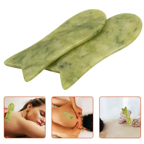 2Pcs Natural Jade Gua Sha Scraping Plate Facial Back Massager Fish Shape Promote Blood Circulation Muscle Relaxation Spa
