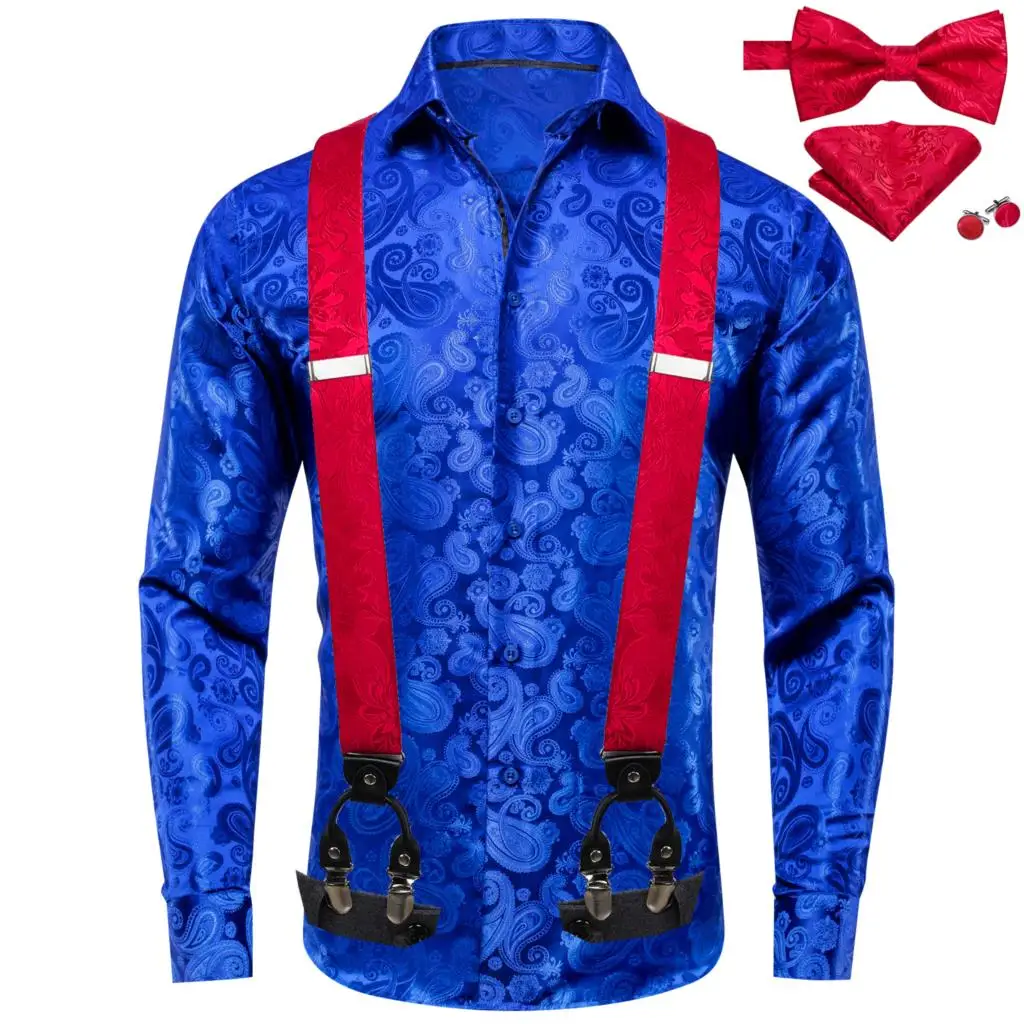 

Hi-Tie Royal Blue Silk Mens Shirts with Braces Bowtie Hanky Cufflinks Suspender Long Sleeve Shirt Jacquard Male Wedding Business