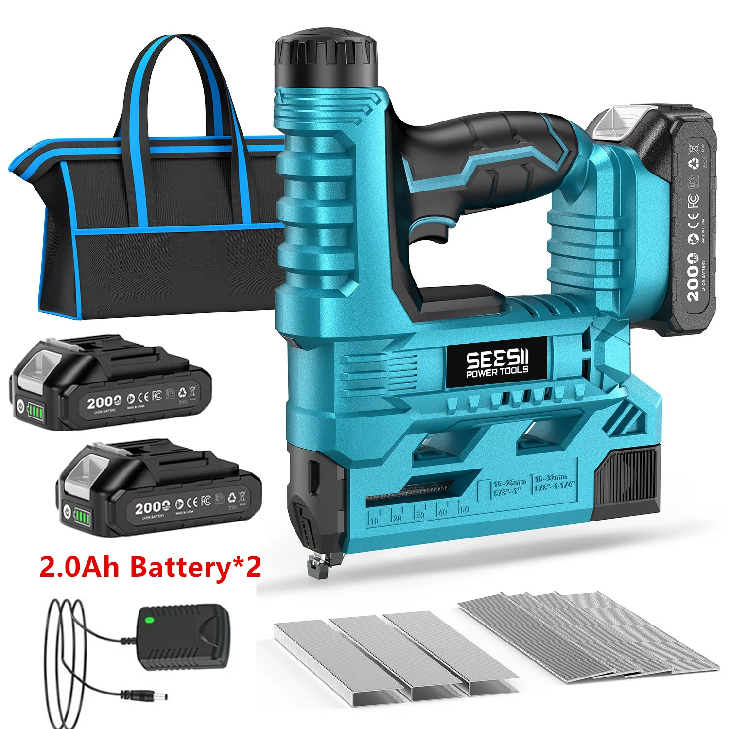 SEESII 18 Gauge Cordless Brad Nail Gun 1000 Brad Nails Akku-Hefter Framing Nailer Möbel Elektrowerkzeug mit 2 Stück Akku