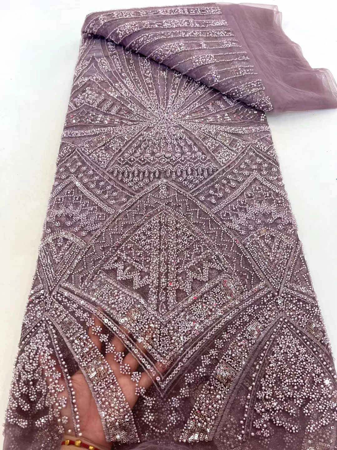 2024 New High Quality Premium Grade African Tulle Lace Fabric 5yards Nigerian Sequins Beads Tulle Lace Fabric For Wedding Dress