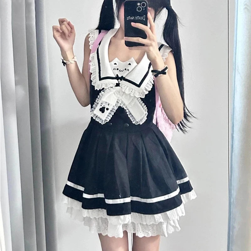 Preppy Style Lolita Japanese Mini Short Dress Kawaii Bow Sailor Collar Cat Print Black Kpop Dresses Harajuku Punk Backless Dress