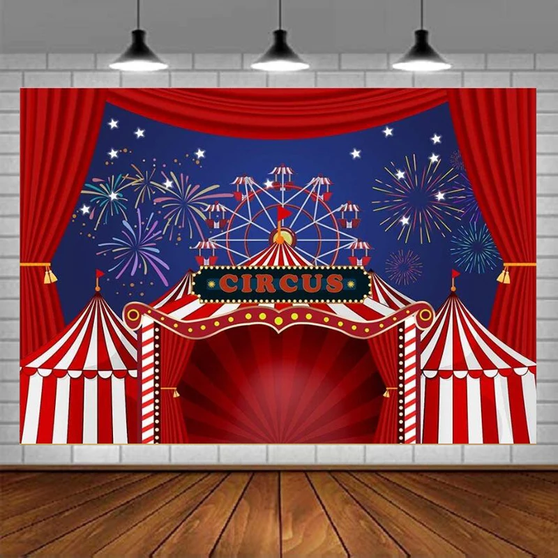 Red Circus Tent Photography Backdrop Carnival Night Colorful Fireworks Sky Ferris Wheel Background Baby Shower Birthday Party