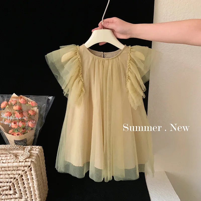 Girls' Summer Dress2024New Baby Western Style Children's Pure Color Mesh Flounced Sleeve Princess Dress