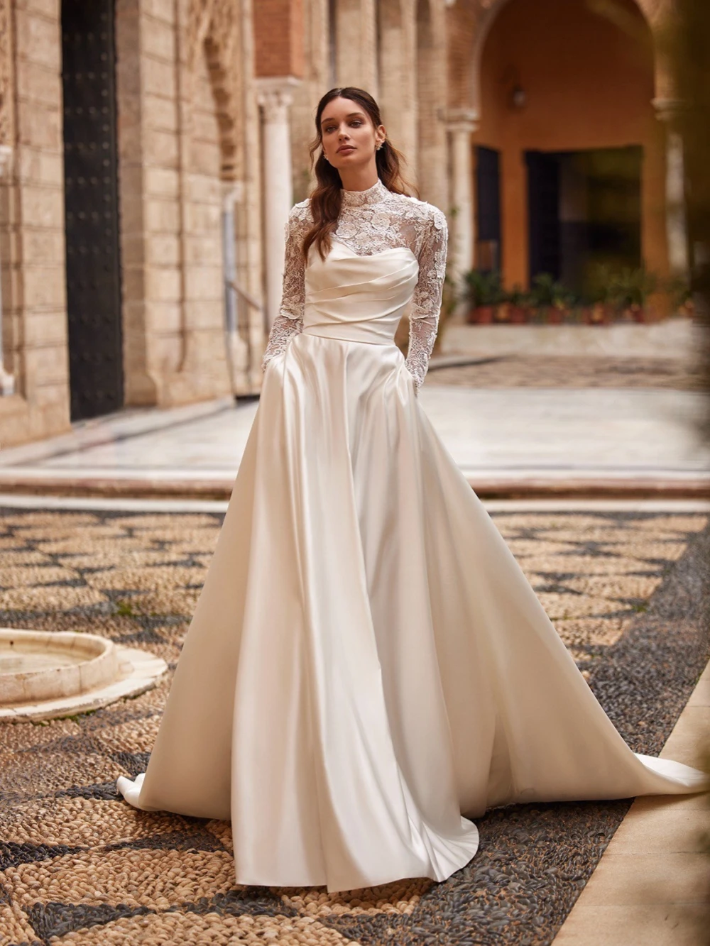 Modest High Collar Wedding Dress Sparkly Sequins Beads Bride Robe Graceful A-line Long Bridal Gown Customized Robe De Mariée