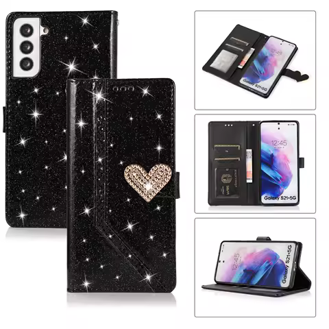 Bling Diamond Love Buckle Glitter Wallet Flip Case For Samsung Galaxy S22 Ultra S21 S20 S10 Note 20 Magnetic Leather Book Cover