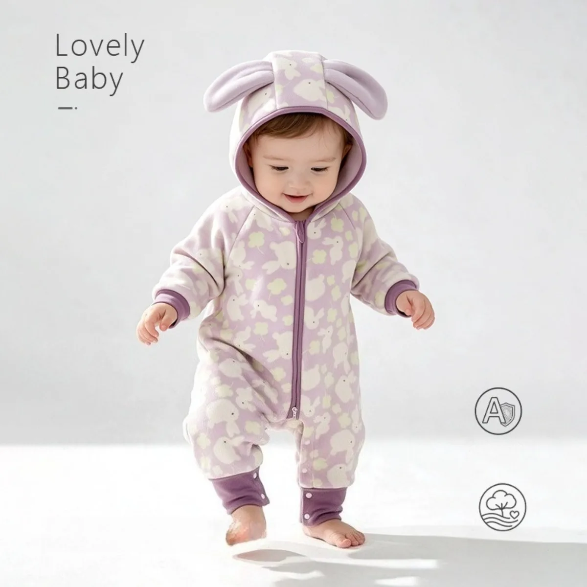 Cute 3D Bunny Ear Hood Baby Romper Warm Fleece Lined Autumn Winter Onesie Double Zipper Newborn Infant Jumpsuit Unisex 6-18M