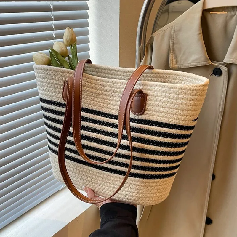 

Striped Straw Tote Bag Women Summer 2024 Fashion Simpliy Large Capacity Shoulder Bags Vacation Beach Travel Shopping Weave Bag