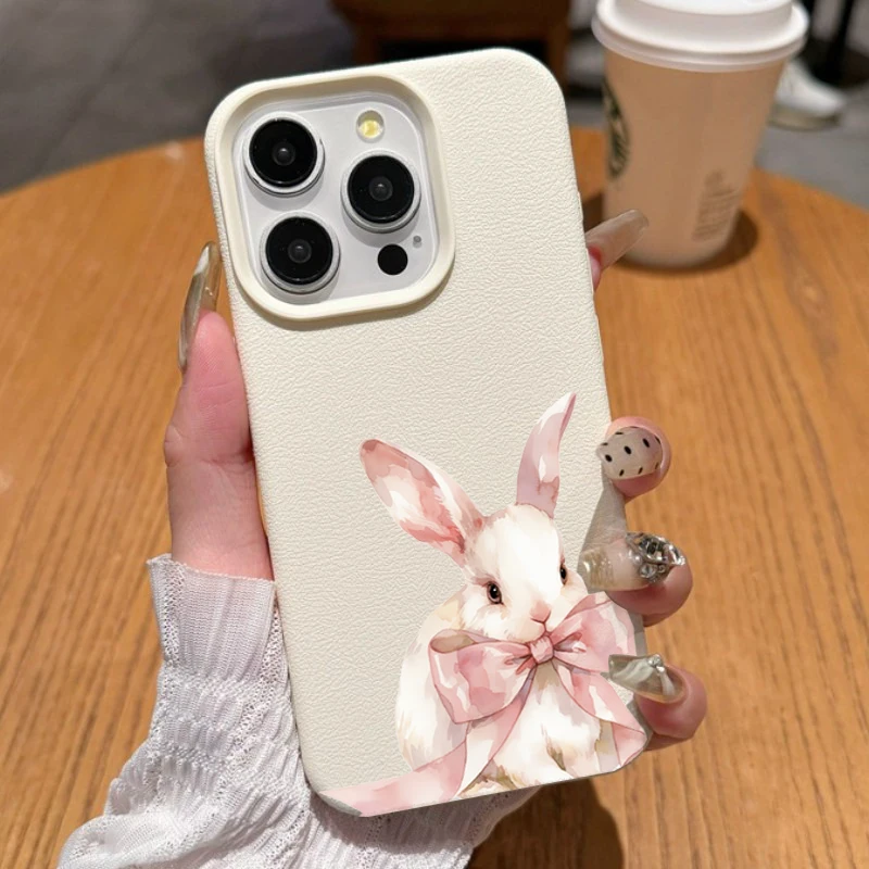 Korean Sweetness Cute Pink Bow Rabbit Phone Case For iPhone 17 16 15 14 13 12 11 Pro Max 15 14 Plus X XR XS 16e 17Air Soft Cover