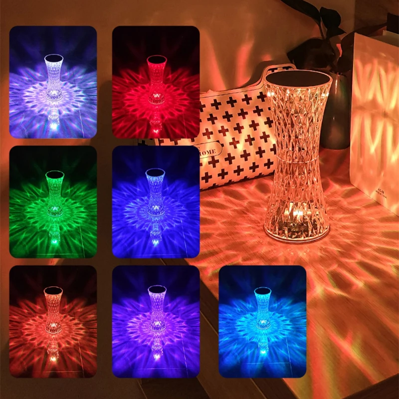 LED Crystal Table Lamp Touch Night Light USB Projector 3/16 Colors Touch Adjustable Romantic Diamond Atmosphere Light