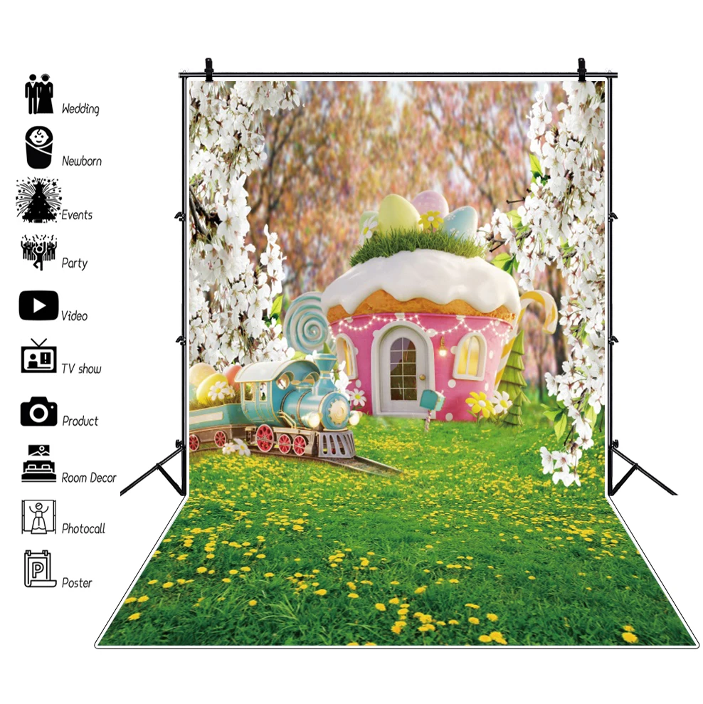 

Easter Photography Backdrop Easter Eggs Grassland Forest Spring Flowers Birthday Cartoon Ice Cream House Background Photo Studio