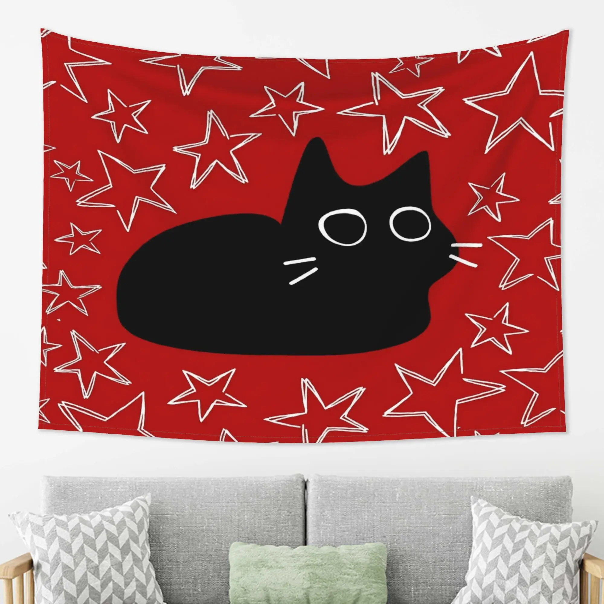 Captivating Red Cat Tapestry Wall Hanging Star Pattern Boho Home Decor Art for Bedroom Living Room Minimalist Cat Lover Gift