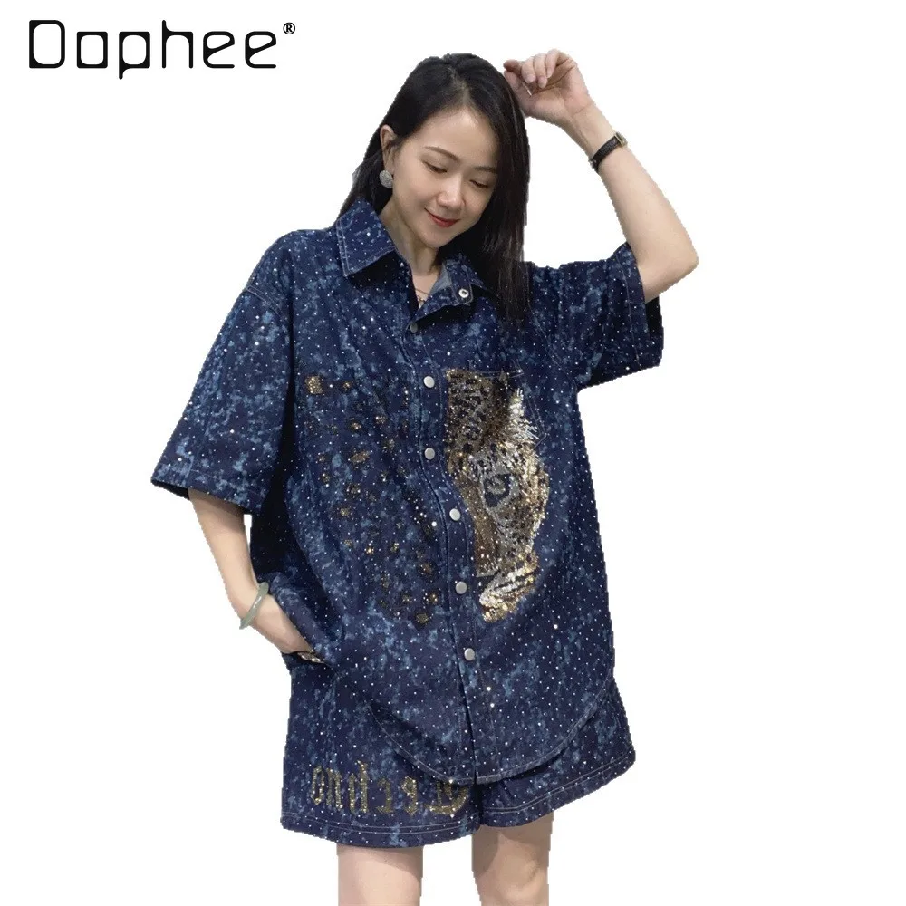 

Summer Denim Suit Leopard Head Hot Diamond Short-sleeved Denim Shirt Top + High Waist Wide Leg Shorts Two-piece Sets Women