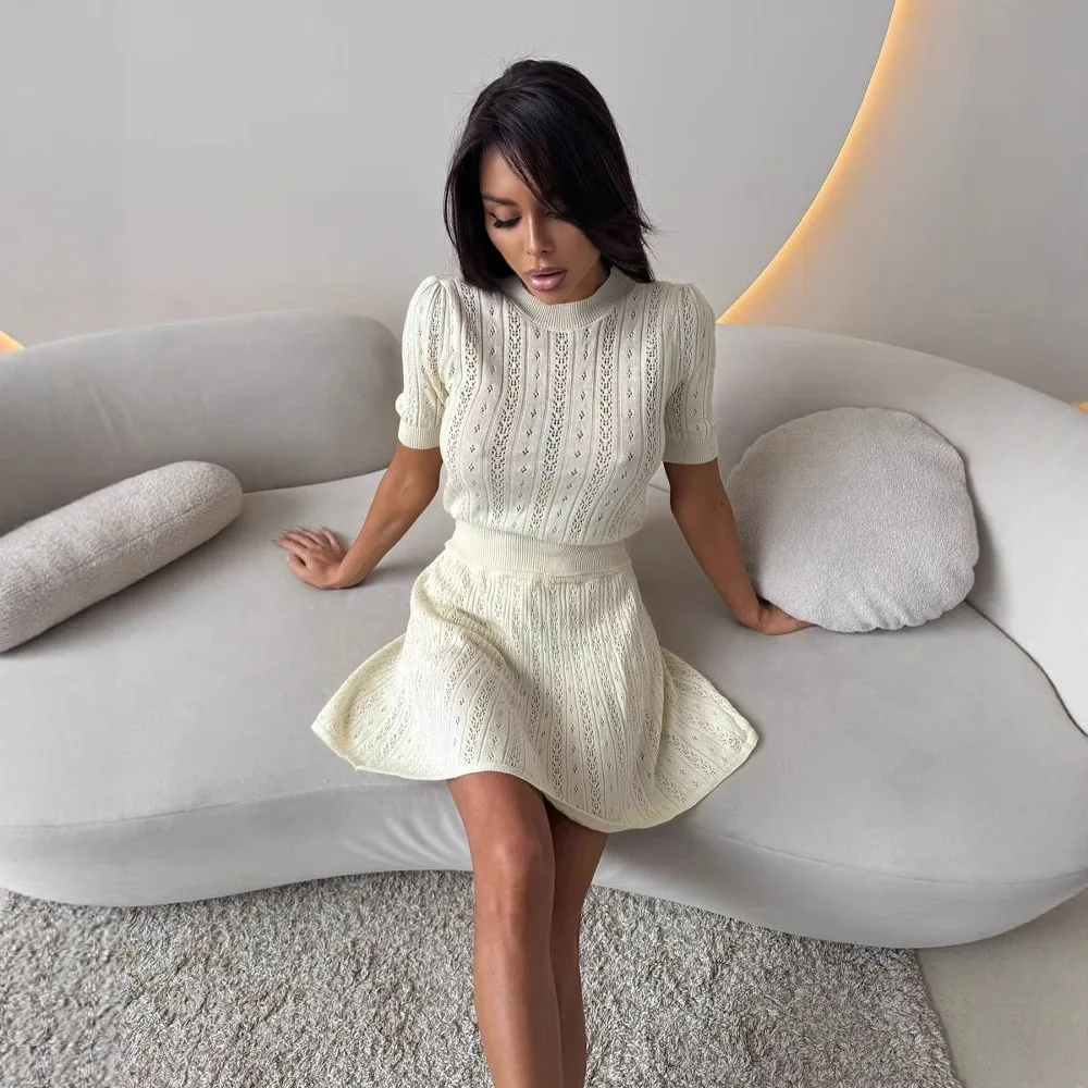 Zweiteiliges Damen-Set, Pullover mit Puffärmeln und A-Linien-Rock mit hoher Taille, elegantes, lässiges Outfit