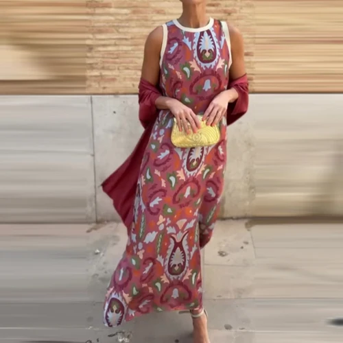 Imagen 2 del producto Traje de fiesta elegante de oficina para mujer, chaleco con cuello redondo, vestido largo + cárdigan, traje informal, nuevo estampado, conjunto de 2 piezas para vacaciones, otoño 2025