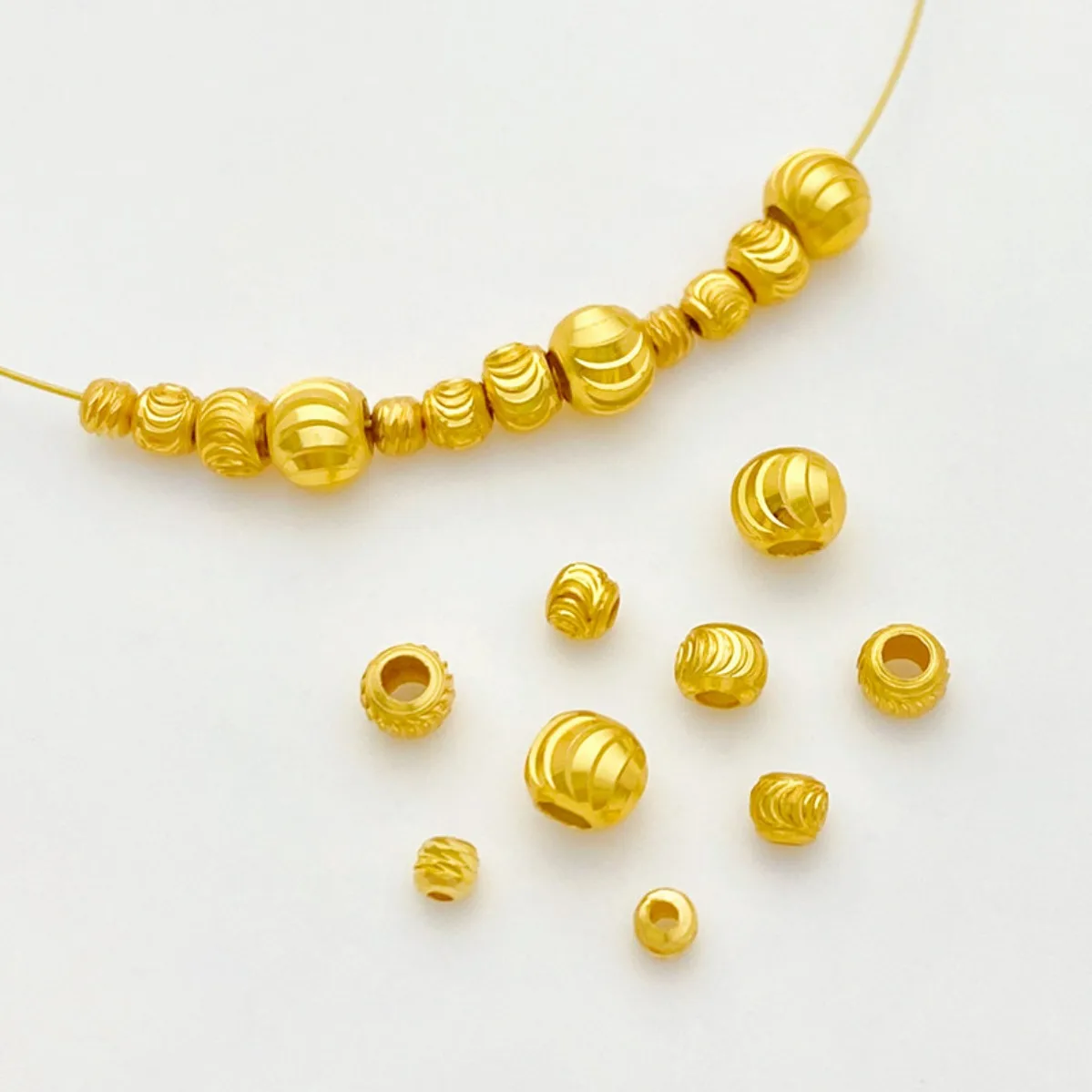 S925 Silver Gold Plated Color Retention Horizontal Cut Pattern Round Spacer Beads DIY Bracelet Necklace Findings