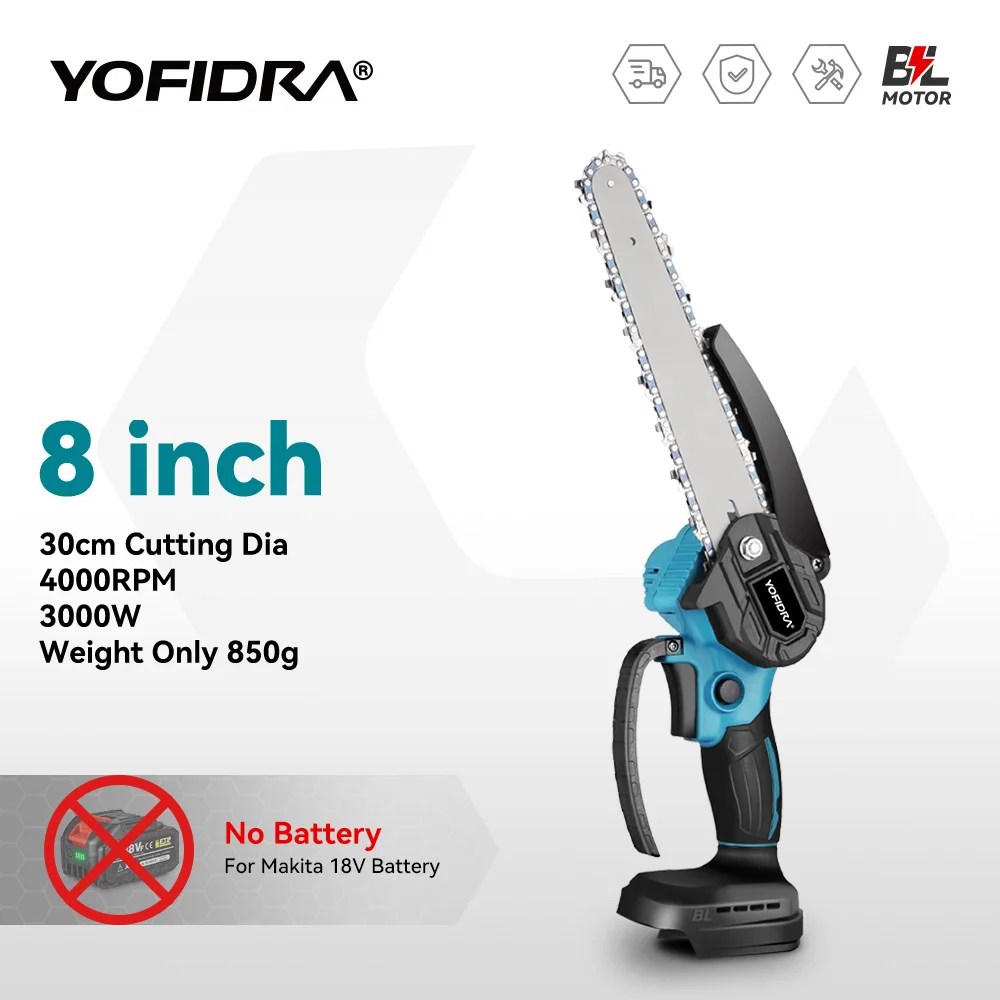 Yofidra 3000W 8Inch Borstelloze Kettingzaag Handheld Draadloze Snoei Snijdende Kettingzaag Houthaken Elektrisch Gereedschap Voor Makita 18V Batterij