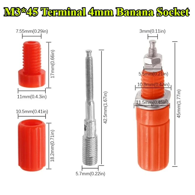 20Pcs M3*45 4mm Banana Socket Red Black Yellow Blue Green Professional Binding Post Nut Banana Plug Jack Connector Nickel Plated