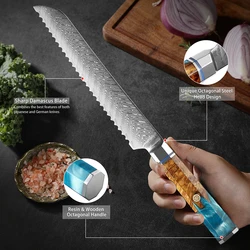 Damascus Steel Bread Knife Baking Tools Household Toast Cutting Cake Knife No Crumbs Serrated Knife Octagonal Ergonomic handle