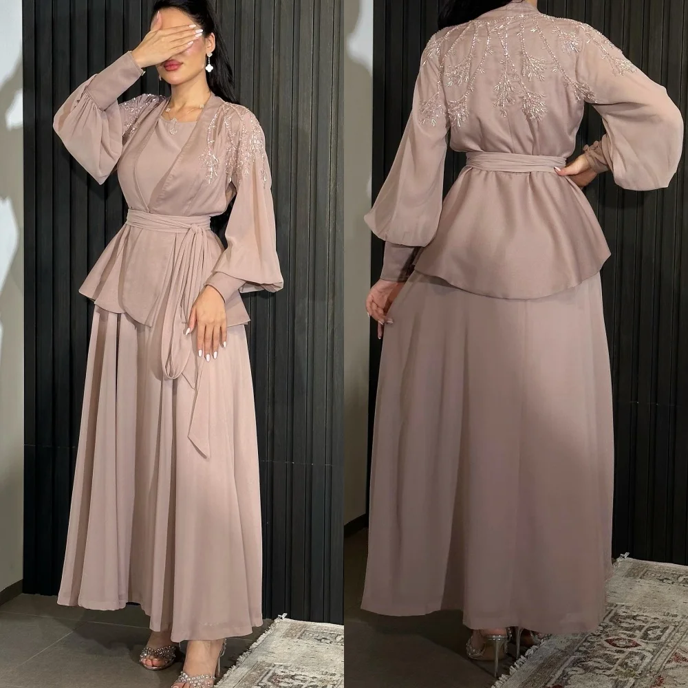 Gaun Midi sifon Applique selempang pertunangan bentuk A leher persegi sesuai pesanan