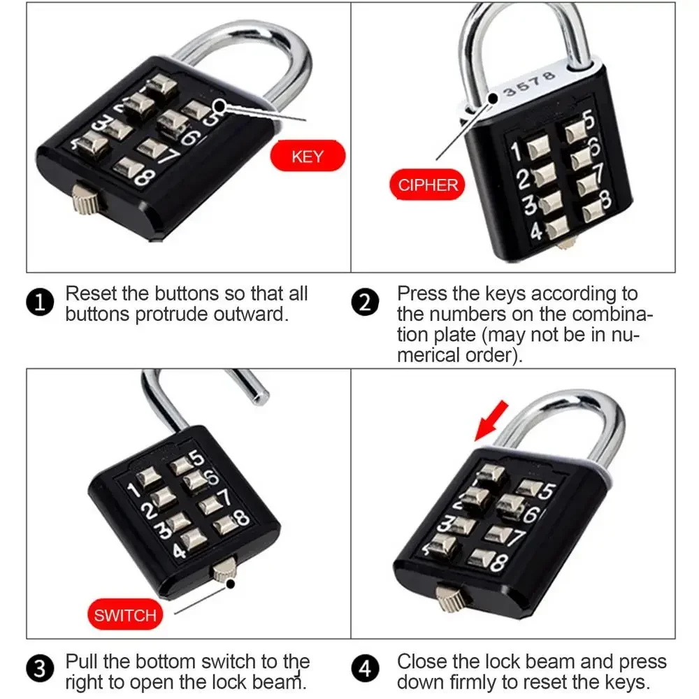 Cadenas de bug astique avec Bouton Code BLOActiv, Cadenas à Code Numérique à 8 Chiffres, Petit Serrure de Casier pour Clôture, Étudiants, Nouveau