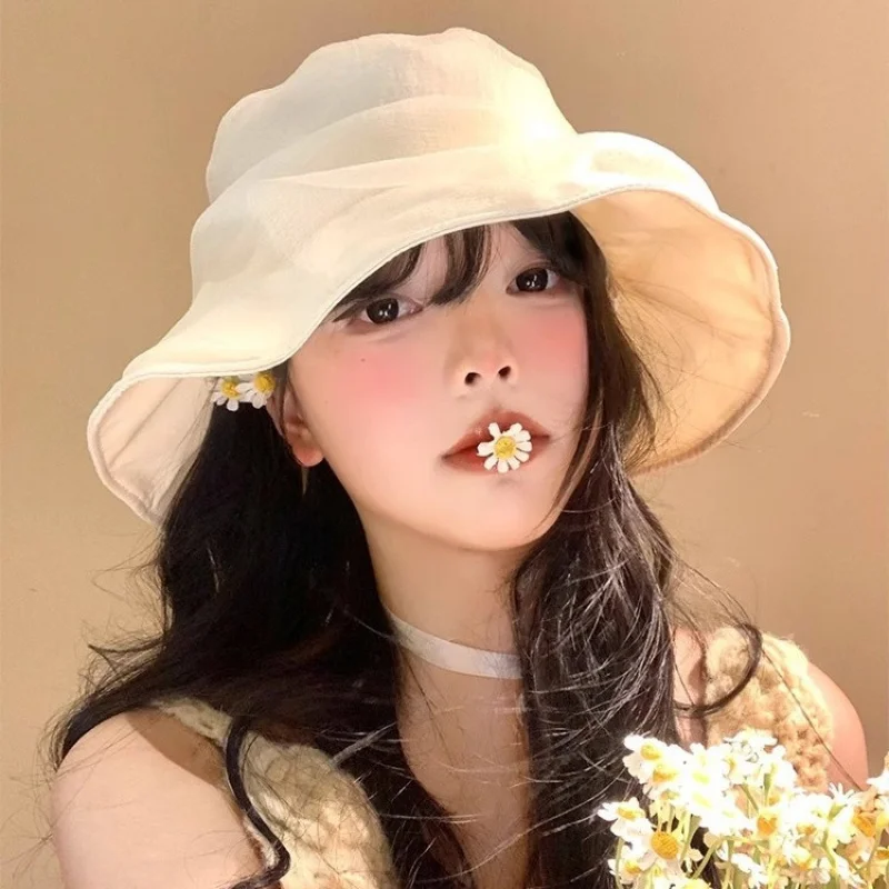 Summer Organza Fisherman Hats Women Casual Bucket Hat Black White Wide Brim UV Protection Fashionable Outdoor Cap