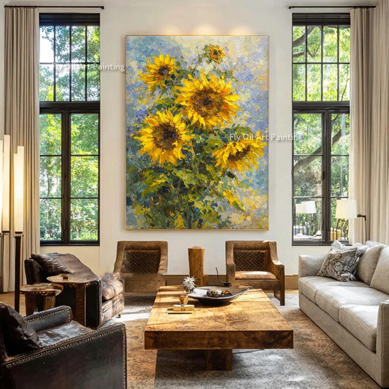 Handmade Textured Sunflower Floral Canvas Art, Vibrant Yellow Flower Heavy Brushstroke Painting, Farmhouse Bedroom Decor