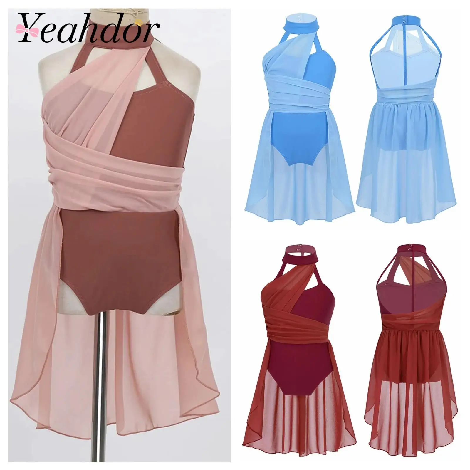 

Kids Girls Halter Cutout Back Ballet Dance Leotard Dress Layer Chiffon Lyrical Modern Dancewear Ice Skating Performance Costume