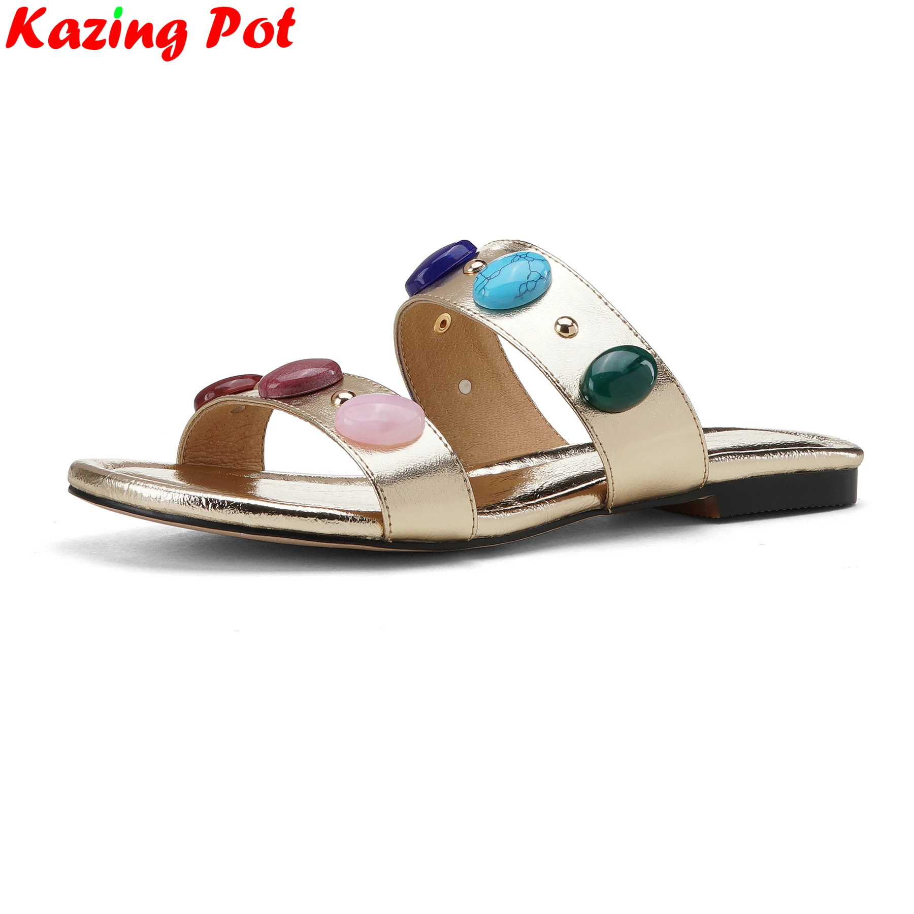 

Krazing Pot Cow Skin Rhinestone Peep Toe Luxury Slides Rivets Slingback Mules Brand Summer Sandals Casual Women Outside Slippers