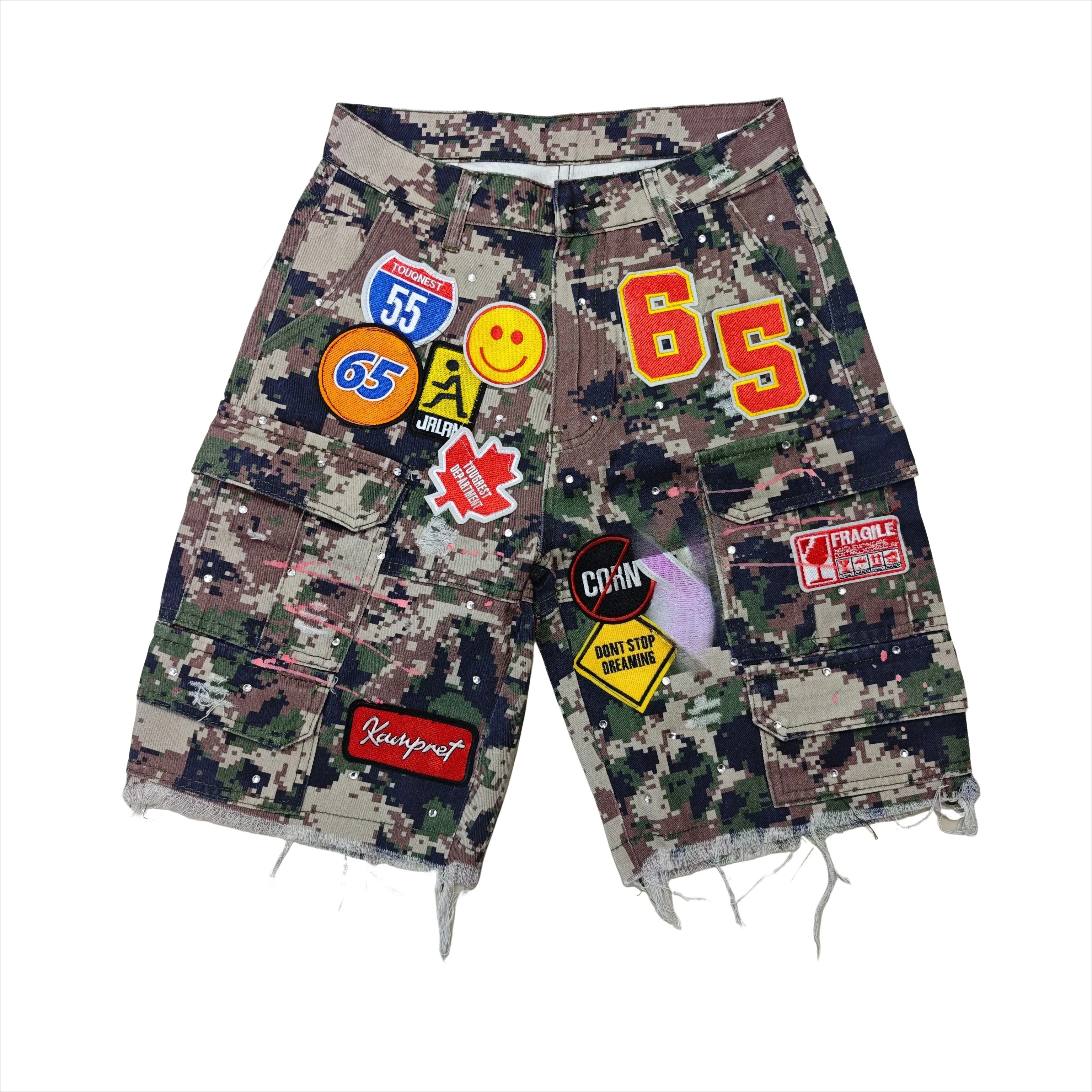 Y2k Diamanti Patch Ricamo Pantaloncini di jeans Goth Baggy Jeans corti Camou Streetwear Pantaloncini a gamba larga a vita alta Pantaloni cargo da donna