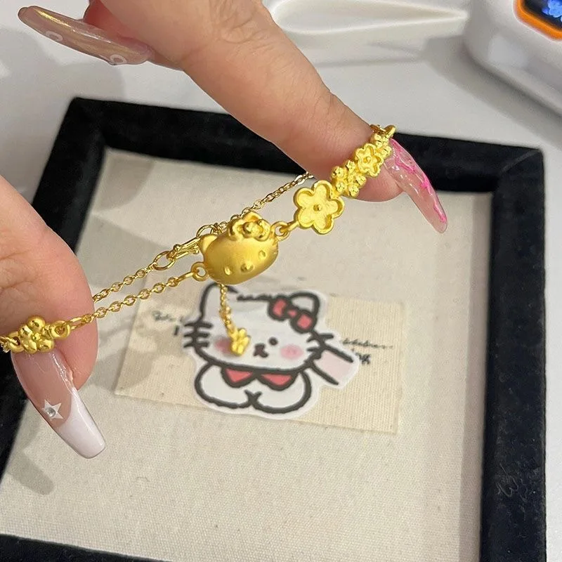 Sanrio Hellokitty Cherry Blossom Golden Yellow Bracelet Kawaii Y2K Kt Cat Hand Jewelry Girls Jewelry Accessories Girlfriend Gift