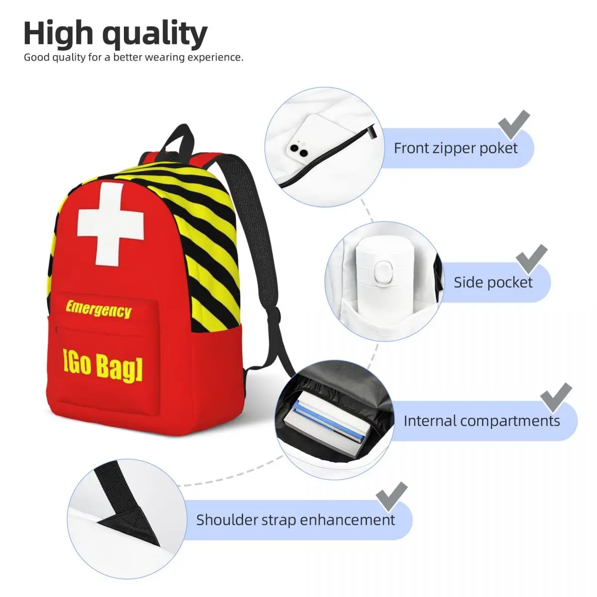 Emergency Go Medical Desaster Mochila de primeiros socorros, mochila do estudante do ensino médio elementar, homens e mulheres Daypack Sports