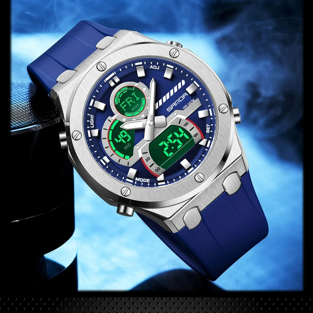 SANDA 3368 Herren Quarz-Digitaluhr mit Dualanzeige, Alarm, Countdown, Multifunktionale Wasserdichte Sport-Silikonuhr