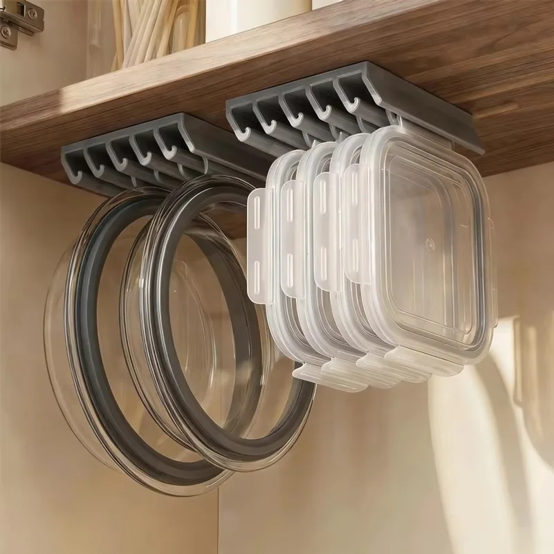 Kitchen Food Container Lid Holder Cabinet Space Saving Organizer Rack Plastic Shelf Hanger Bracket Wall Multi-Slot Sturdy Hook