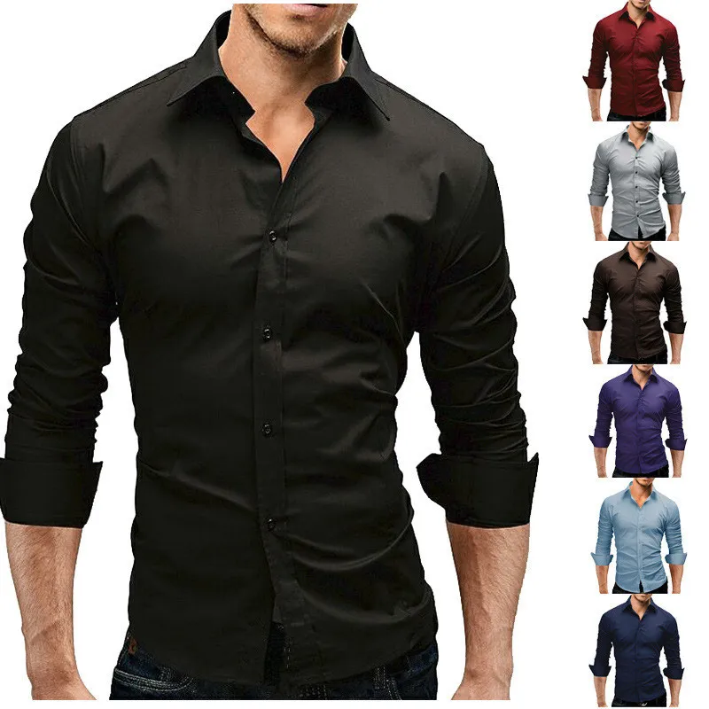 

Men's Shirt New Style Pure Color Simple Formal Dress Fashion Slim Long Sleeve Shirt Euro American Style Pure Color Shirt